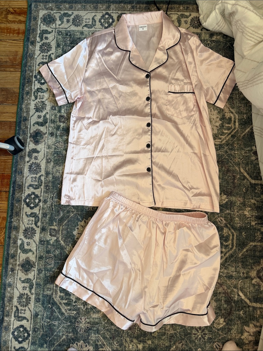 Silky Pink Short Sleeve Pajama Set with Black Piping